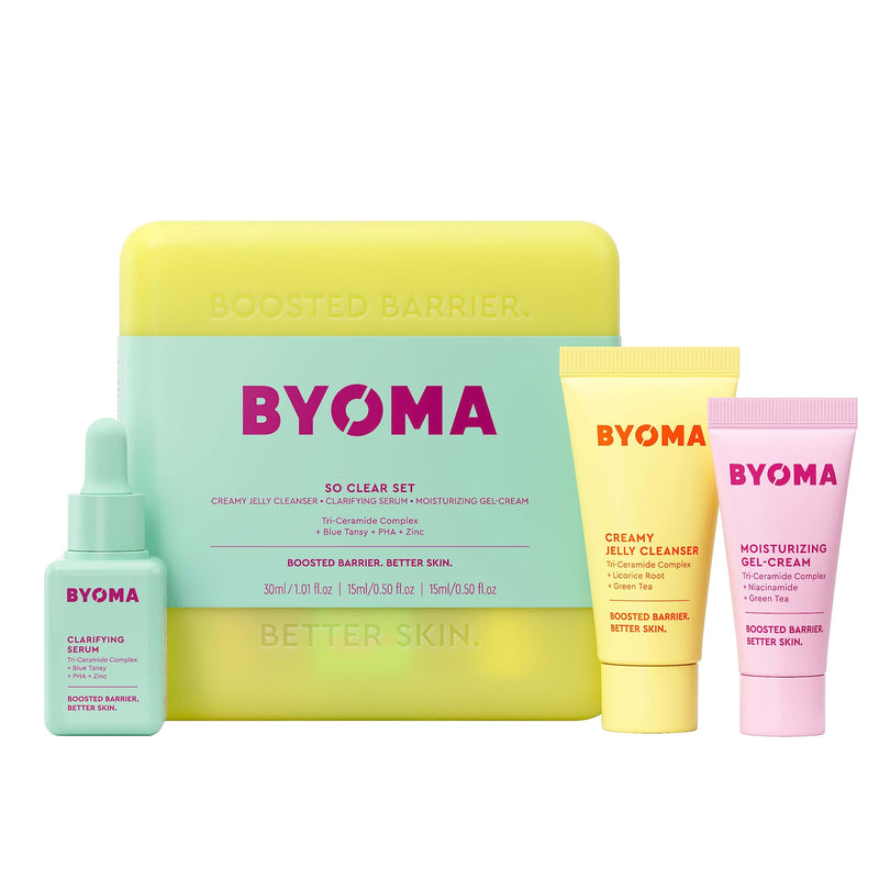 [Australia] - BYOMA So Clear Set - Barrier Repair Skincare Set for Acne Prone Skin - Creamy Jelly Cleanser, Clarifying Face Serum & & Gel-Cream Moisturizer - Unclogs Pores, Targets Blemishes - 30ml, 15ml, 15ml 