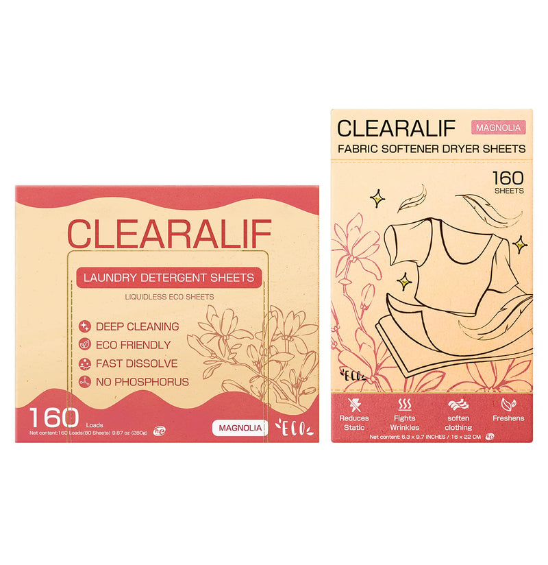 [Australia] - CLEARALIF All in One Laundry Detergent Sheets Kit, Magnolia Scent, 160 Loads Laundry Sheets + 160 Drying Sheets, Laundry Set Great for Travel, Softener Sheets Eco Package Friendly & Hypoallergenic 