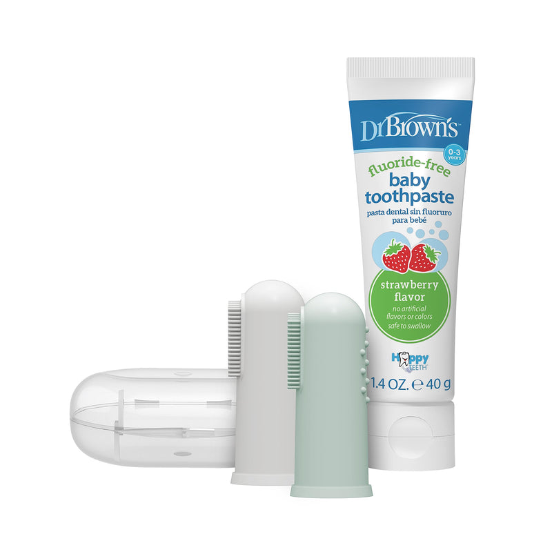 [Australia] - Dr. Brown's 100% Silicone Baby Finger Toothbrush and Toothpaste Set, 2-Pack Toothbrush with Storage Case, Fluoride-Free Strawberry Toddler Toothpaste, Gray & Light-Green 2 Pack, Gray & Light-green With Strawberry Toothpaste 