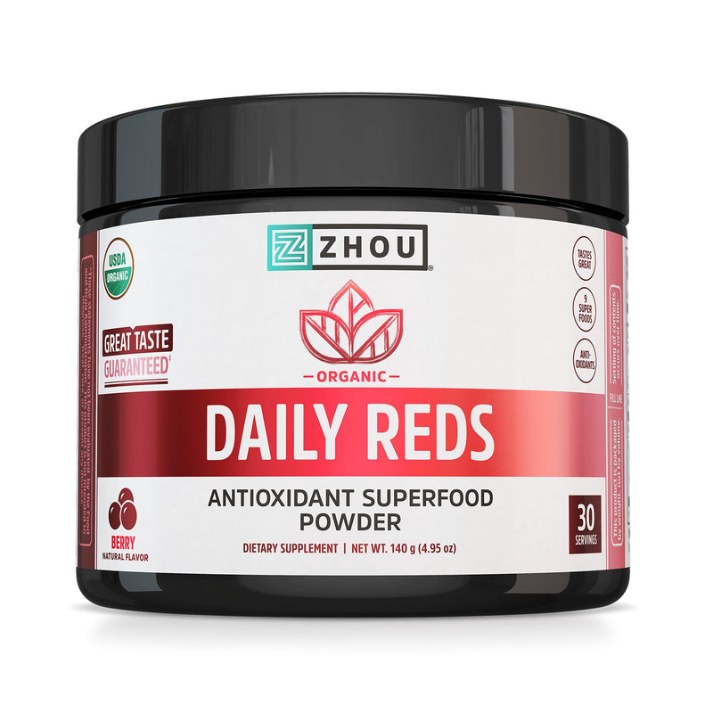 Zhou Organic Reds Powder - Natural Berry Flavor, 4.95 oz (30 Servings) | Red Powder Superfood with Beetroot, Super Fruits, Goji Berry, & Tart Cherry, Antioxidant Support for Whole-Body Health