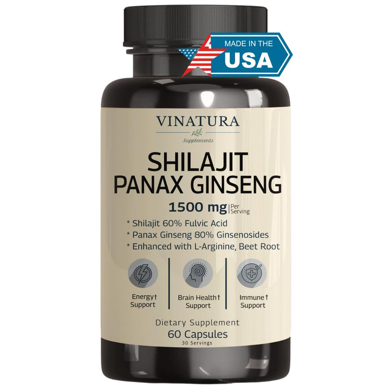 [Australia] - Shilajit Pure Himalayan Capsules (60% Fulvic Acid) - 1500mg with Panax Ginseng, Shilajit Supplement per serving - High in Trace Minerals *USA Made & Tested* Immune Support 