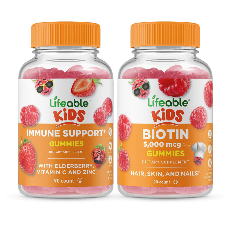 Lifeable Immune Support Kids + Biotin Kids, Gummies Bundle - Great Tasting, Vitamin Supplement, Gluten Free, GMO Free, Chewable Gummy