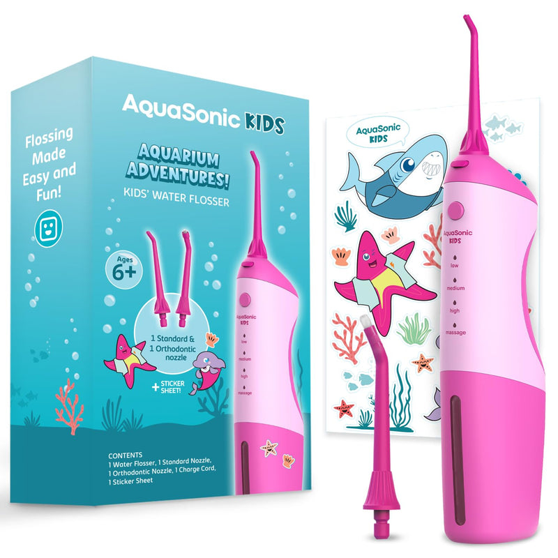 AquaSonic Kids' Water Flosser for Ages 6+ | Standard Nozzle, Orthodontic Nozzle & Waterproof Stickers | 4 Flossing Modes | Aquarium Adventures Theme (Pink) Pink