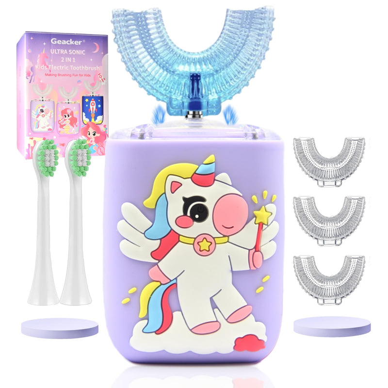 [Australia] - Kids Electric Toothbrush U Shaped Toddler Auto Sonic Toothbrushes with 5 Brush Head, Cartoon Unicorn Ultrasonic 360° Full Mouth Cleaning Automatic Toothbrushes for Children 2-7 Years Unicorn (Ages 2-7) 