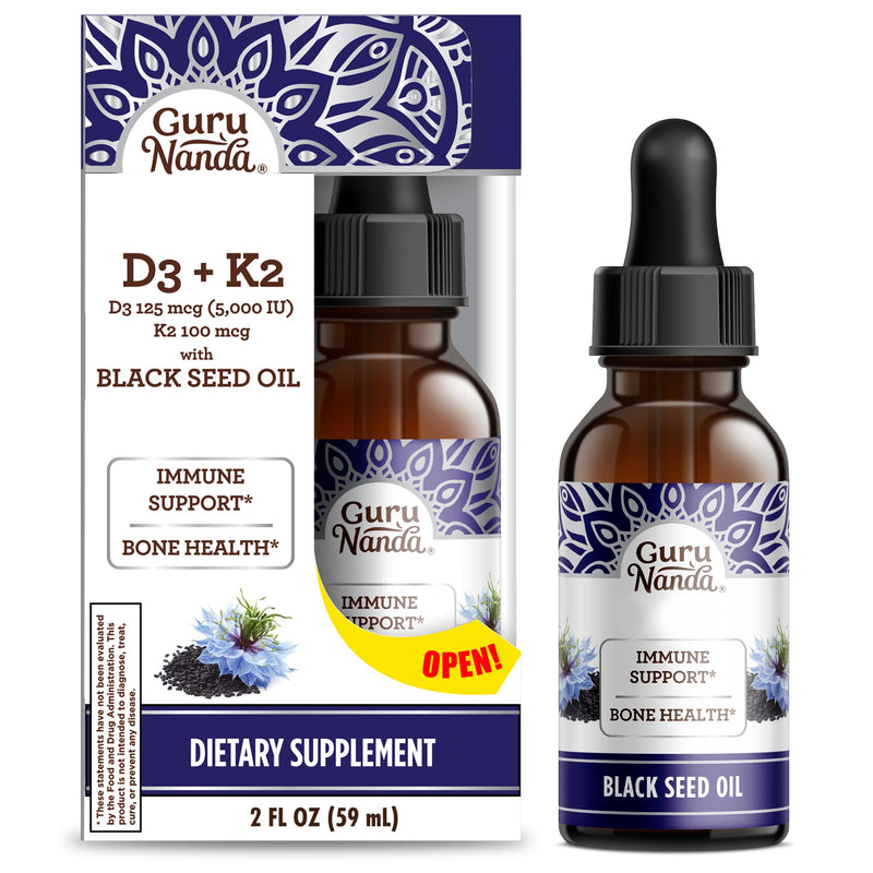 [Australia] - GuruNanda Black Seed Oil, Cold-Pressed Nigella Sativa - Rich in Vitamin D3 5000 Units, K2 & E, High Thymoquinone | Potent Antioxidant for Immune Support, Non-GMO, 2 Fl.oz 