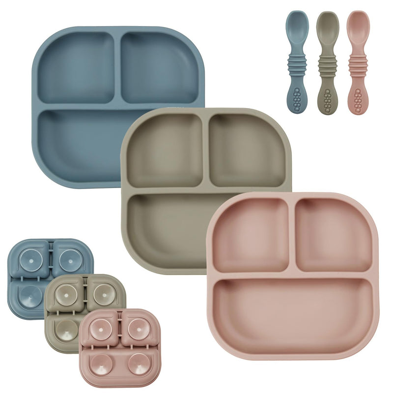 [Australia] - PandaEar Suction Plates for Baby, 3 Pack Silicone Plates & Spoons for Baby Toddlers Infant Kids, Divided Toddler Suction Plate Baby Dish Set, Non-Slip Non-Toxic, BPA Free (Multicolor) Multicolor 