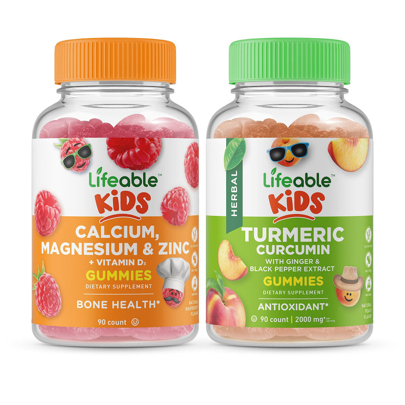 Lifeable Calcium Magnesium & Zinc Kids + Turmeric Curcumin Kids, Gummies Bundle - Great Tasting, Vitamin Supplement, Gluten Free, GMO Free, Chewable Gummy