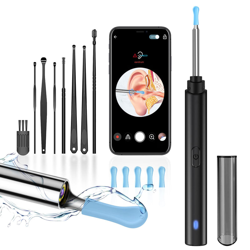 [Australia] - Ear Wax Removal, Ear Cleaner with Camera, Ears Wax Removal Kit with 1296P HD Ear Otoscope with 6 LED Lights, Earwax Removal Tool for iPhone, iPad & Android Smart Phones Black Standard 