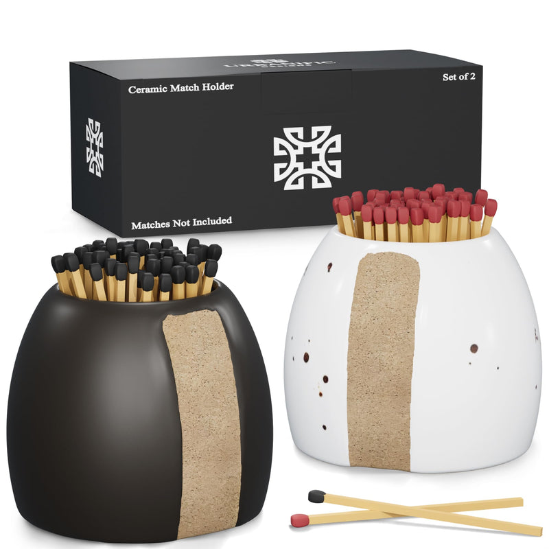 [Australia] - Match Holder with Striker - Set of 2 - Fancy Decorative Ceramic Matchstick Holders - Keeps Matches at Hand in a Cute Jar for Bathroom Candles and Kitchen Candle Home Decor - Matches Not Included 