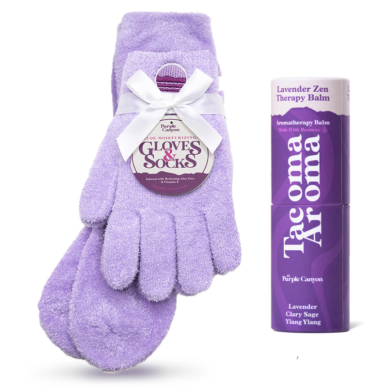 [Australia] - Purple Canyon Fuzzy Socks & Gloves and Essential Oil Balm Spa Kit | Purple Socks and Gloves Infused with Aloe Vera and Vitamin E Oil | Beeswax Miracle Balm for Cracked Heel Repair and Foot Care Lavender Refill Moisture Duo 