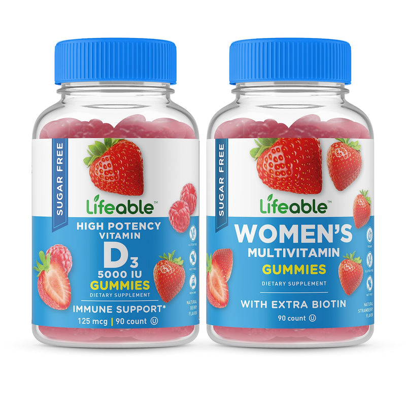 Lifeable Sugar Free Vitamin D 5000 IU + Women's Multivitamin, Gummies Bundle - Great Tasting, Vitamin Supplement, Gluten Free, GMO Free, Chewable Gummy