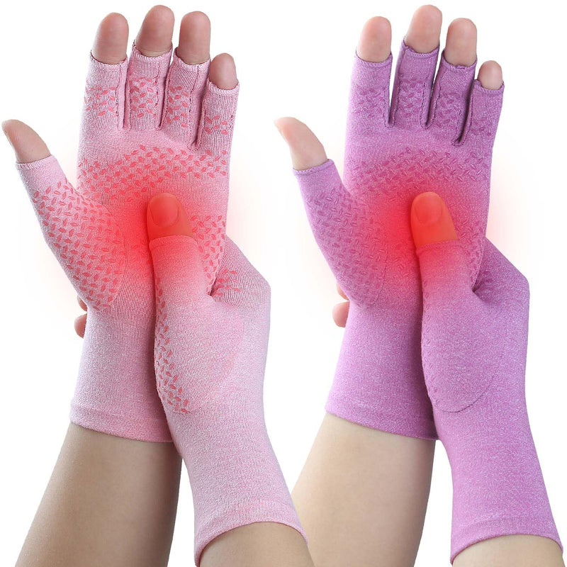 [Australia] - 2 Pairs Compression Gloves for Rheumatoid Arthritis, Osteoarthritis, Carpal Tunnel Pain, Fingerless Arthritis Hand Gloves for Women Men Support Work&Computer Typing (Pink+Purple, Medium) Pink(1pair)+purple(1pair) 