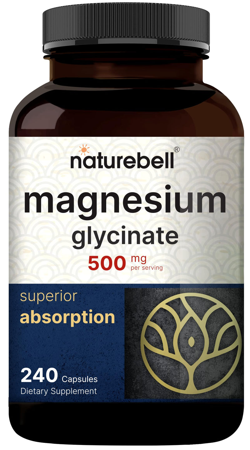 [Australia] - NatureBell Magnesium Glycinate Capsules 500mg | 240 Count, 100% Chelated & Purified, 3rd Party Tested, Non-GMO & Gluten Free Magnesium Glycinate 500mg 240 Count (Pack of 1) 