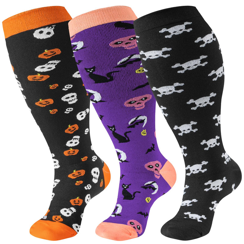 [Australia] - Halloween Plus Size Compression Socks Wide Calf for Women & Men 20-30 mmhg-Extra Wide Calf Knee High Support Socks for Nurse XX-Large 01-halloween Plus 