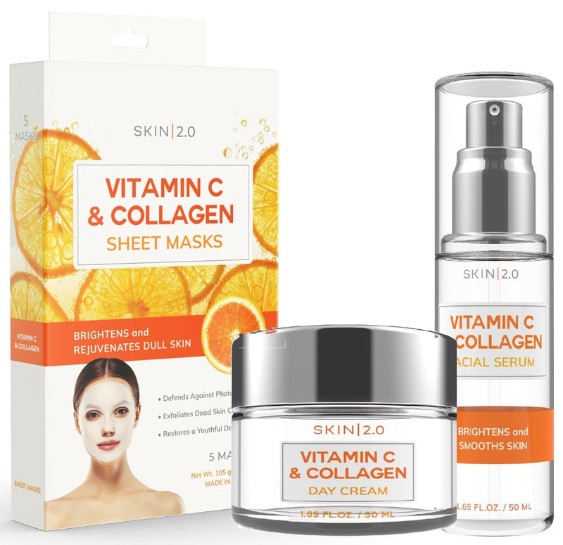 Skin 2.0 Vitamin C and Collagen Beauty Value Set - Serum, Moisturizer & Face Sheet Masks