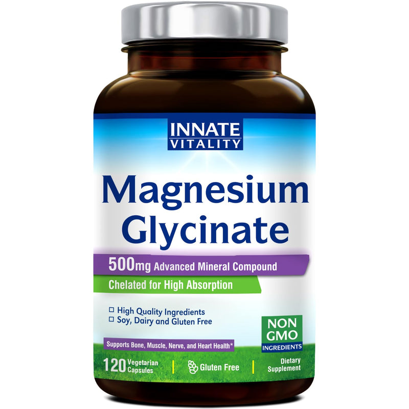 [Australia] - Innate Vitality Magnesium Glycinate 500mg | 70mg Elemental Magnesium Supplement- High Absorption, Non-GMO & No Gluten - Supports Nerve, Muscle, Bone & Heart Health - 120 Vegan Capsules Magnesio 120 Count (Pack of 1) 