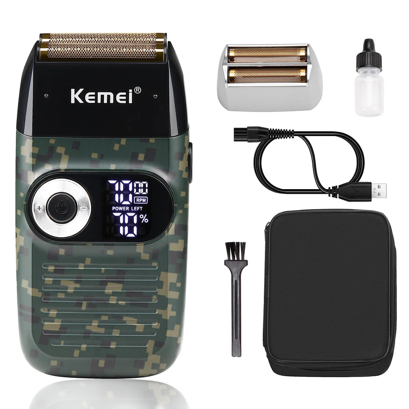 Kemei Foil Professional Electric Shaver for Men Razor with Bald Trimmer Cordless Shavers Rechargeble LED Display 2 in 1 Camouflage