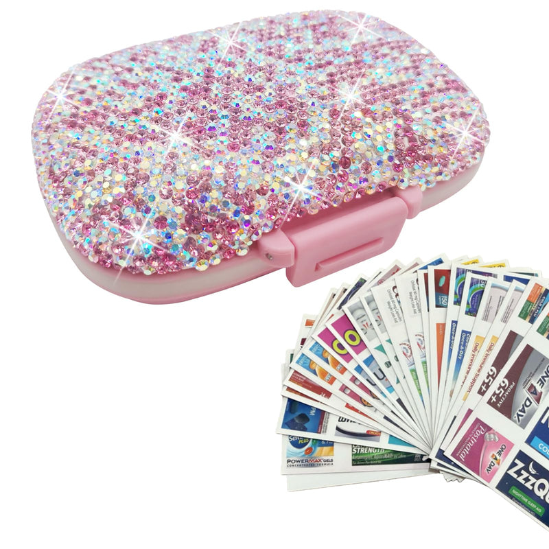 Bling Pill Case for Purse Medicine Vitamin Container Holder with Stickers | Pocket Pill Case Round Medicine Organizer for Vitamin/Fish Oils/Supplement Travel Medicine Kit 8 Compartment Pink