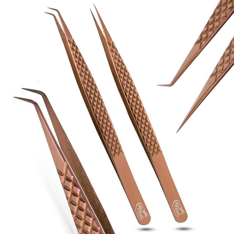 2pcs Curved & Straight Isolation Tweezers for Eyelash Extensions – 14cm Stainless Steel, Copper color Tweezer Set, Best for Classic & Individual Lashes, Professional Pinzas para Pestaña Copper X Tweezers Set