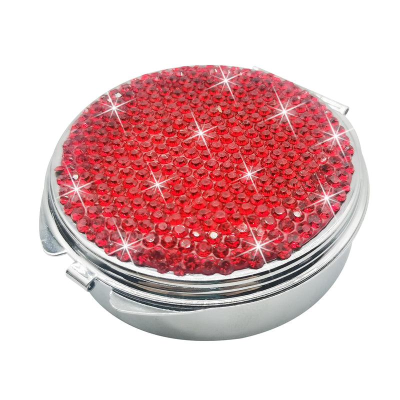 Bling Pill Case for Purse Medicine Vitamin Container Holder | Pocket Pill Case Round Medicine Organizer for Vitamin/Fish Oils/Supplement Travel Medicine Kit 3 Compartment Red
