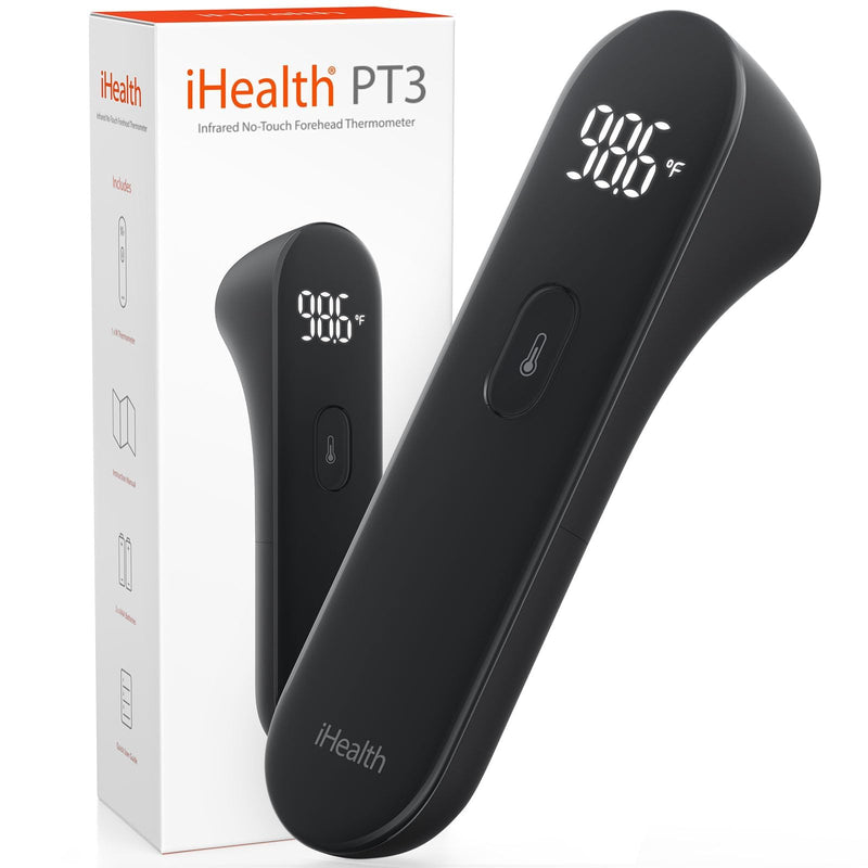 [Australia] - iHealth No-Touch Digital Forehead Thermometer for Adults, Babies, Kids, 3 Ultra-Sensitive Sensors, Quiet Vibration Feedback, Large LED Digits, Easy to Use for Home, PT3 Black 