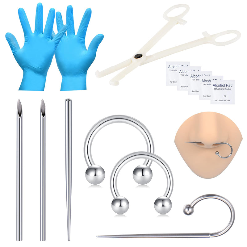 [Australia] - DJCIW Piercing Kit With Disposable 12G 14G 16G 18G Needles, Clamps, Taper for Belly Button, Nose, Septum, Nipple, Tongue, Eyebrow, Lip 1-horseshoes for all piercing 