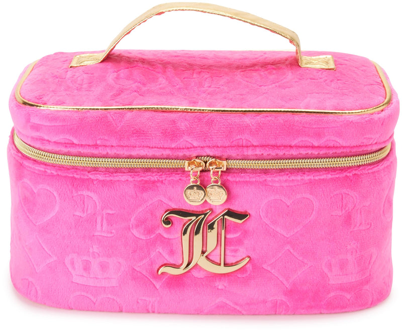 Juicy Couture Hot Pink Makeup Bag Cosmetics Organizer Travel Essentials Train Case Velour Heart Crown