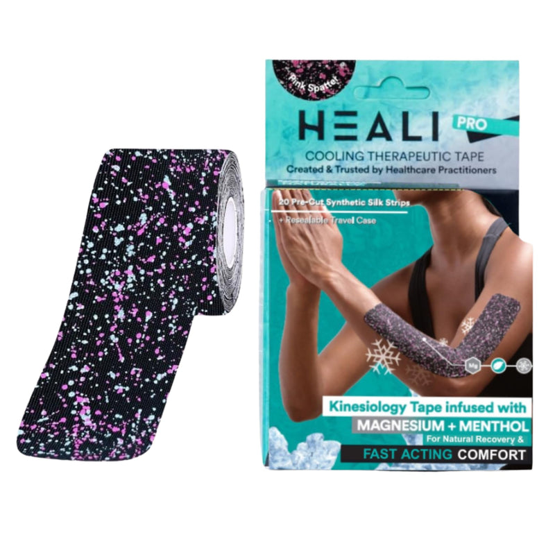[Australia] - Heali Kinesiology Tape with Magnesium and Menthol, 20 Pcs Precut Strips, K Tape Roll, Knees, Physical Therapy Sports Tape for Muscles and Joints, Water Resistant, Pink Splatter 20pc Pink Splatter 20pc Roll: Pink Splatter 