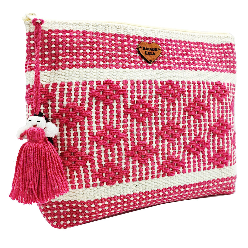 Makeup bags, Cosmetiquera Artesanal de Telar. Souvenir & Regalo Mexicano. Oaxaca Gift. Handmade bags from Oaxaca Mexico. (Beige & Fiucsa) Beige & Fiucsa