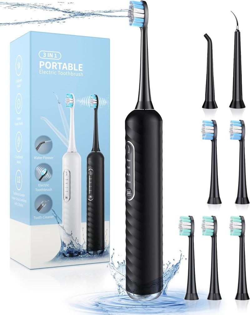 [Australia] - Electric Toothbrush with Water flosser, 3 in 1 Teeth Cleaning Kit with 7 Modes, Electric Toothbrush and flosser Combofor Adults, Water Flosser Portable for Travel and Home (Black) Black 