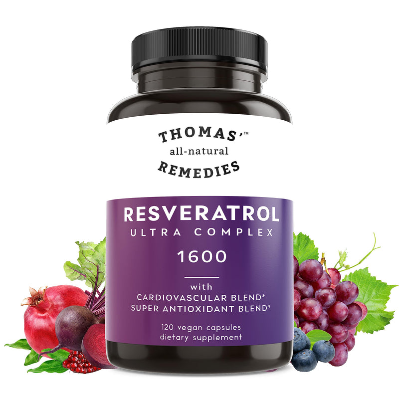 [Australia] - Thomas' all-natural Remedies Resveratrol 1600mg Organic Trans-Resveratrol Antioxidant Supplement with Organic Grape Seed Extract and Quercetin- Anti-Aging and Cardiovascular Support- 120 Capsules 