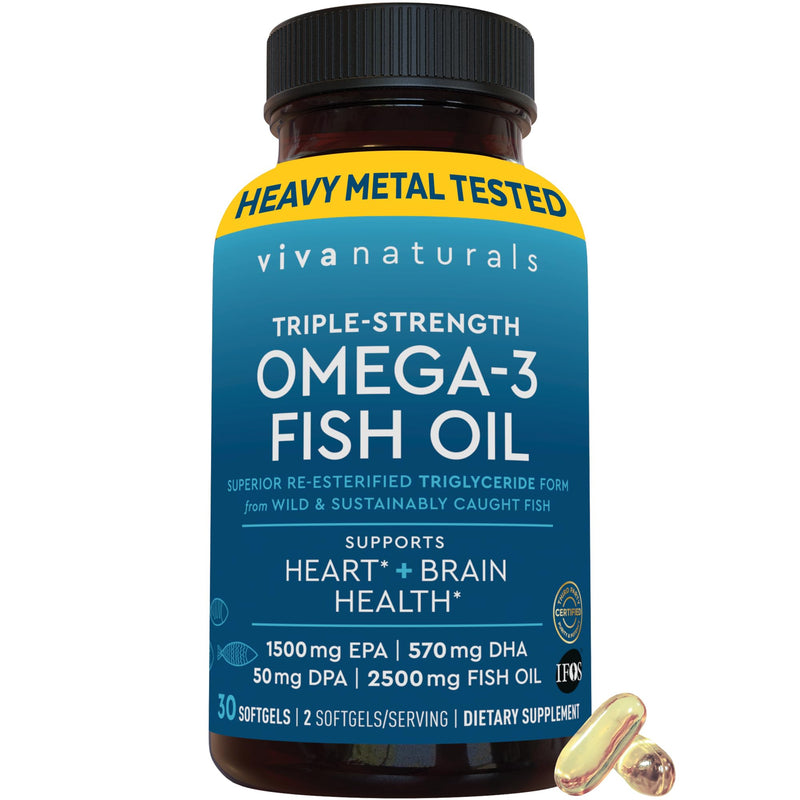 Viva Naturals Omega-3 Fish Oil, Triple Strength, 2500 mg, 30 Softgels – Re-Esterified Omega 3 Fatty Acids Including EPA, DHA, DPA - Pascatarian-Friendly 30 Count (Pack of 1)