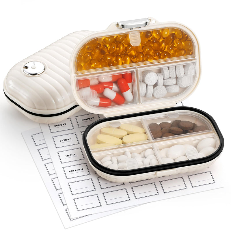 Zannaki Pill Case Portable Small Weekly Travel Pill Organizer, Cute Moisture Proof Pill Box Holder for Pocket Purse Bag, Daily Mini Pocket Pharmacy Medicine Container for Vitamin, Fish Oil, Supplement Beige/Large