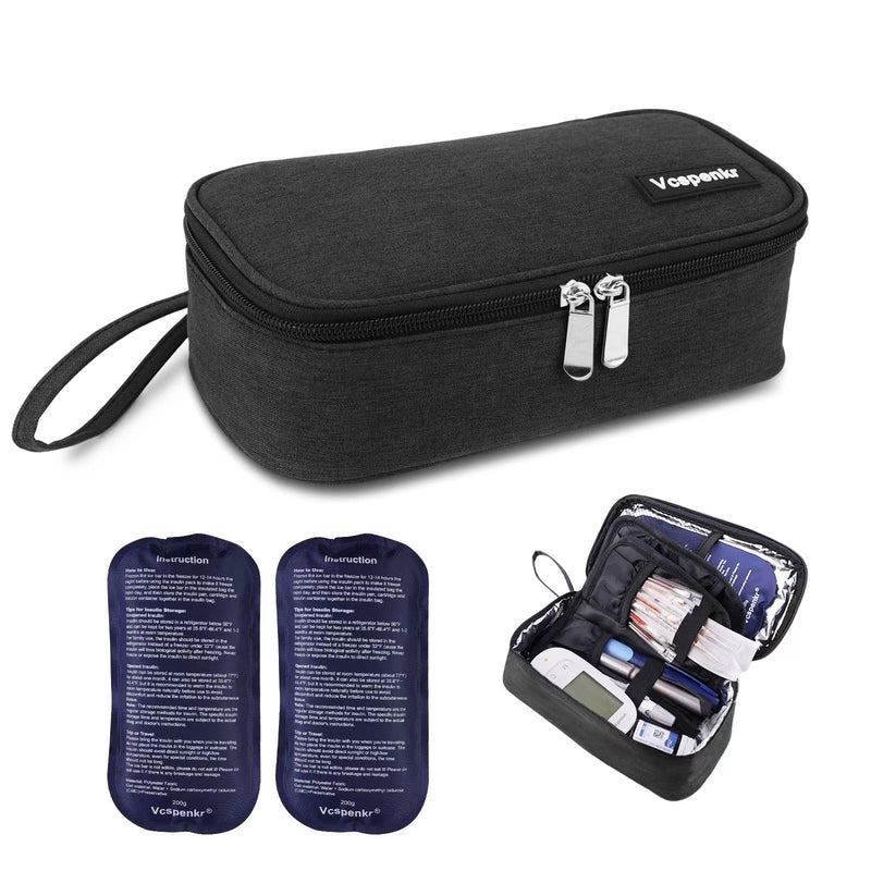 [Australia] - Insulin Cooler Travel Case, Diabetic Medicine Carrying Bag with 2 * 200g Ice Packs, Large Capacity Insulated Organizer Medication Cooler Bag for Insulin Pens and Diabetes (Black) black 
