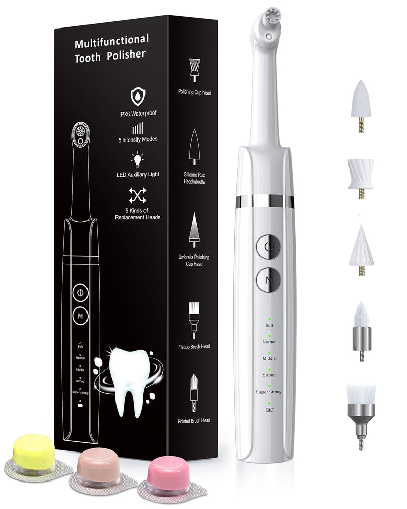 [Australia] - Tooth Polisher, Rechargeable Tooth Whitening Kit for Teeth Cleaning and Whitening, with 3 Tooth Polish Paste and 5 Brush Heads, LED Light, Easy to Use at-Home Personal Dental Care Kit White 