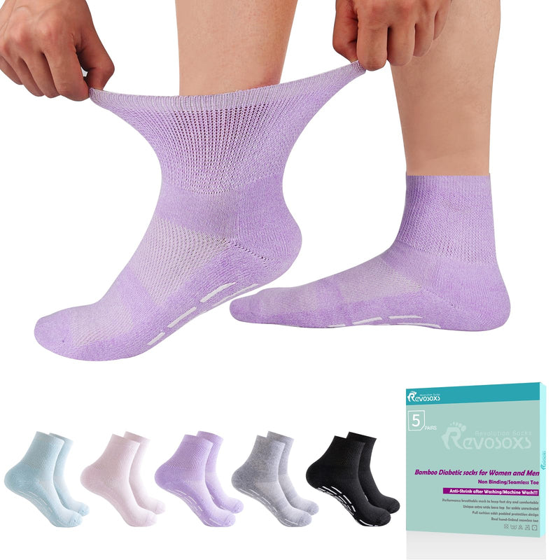 [Australia] - Revosoxs Diabetic Socks with Grippers for Men Women,5 Pairs Socks size 6-9 9-12 Black/Grey/Skyblue/Purple/Pink Large 