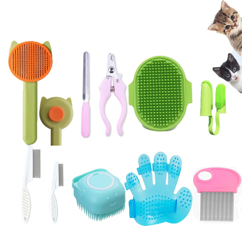 [Australia] - 10PCS Cat & Dog Grooming Kit, Self-Cleaning Brush Removes Loose Hair, Pet Bath Brush, Massage Glove, Nail Clipper, Flea Comb 10PCS 