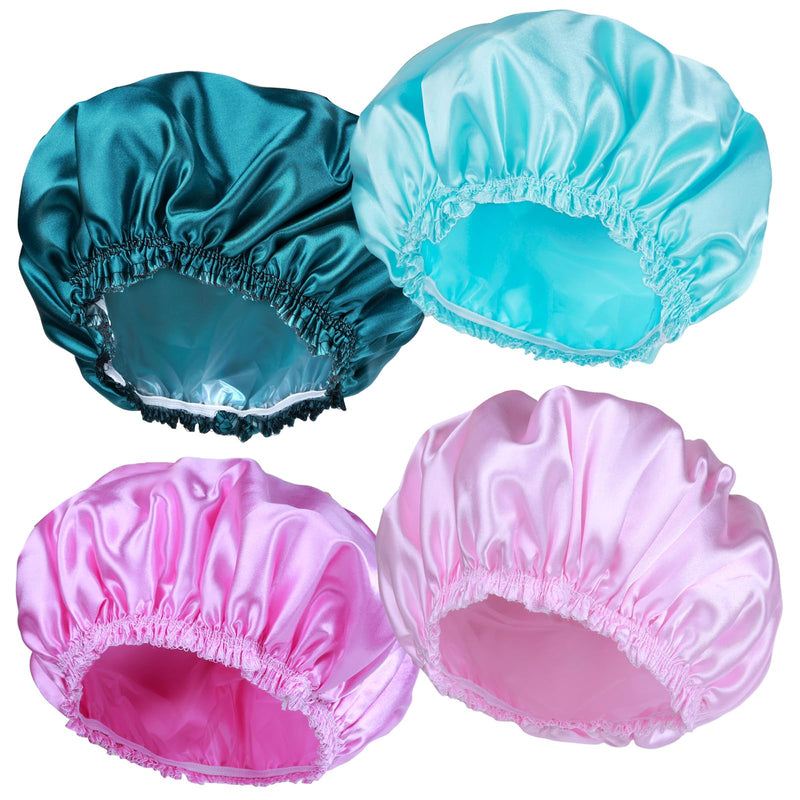 [Australia] - Shower Caps for Women, 4 PCS Elastic and Reusable Bath Caps, Double Waterproof Layers Shower Cap, Bathing Shower Caps, Environmental Protection Hair Bath Hat - Solid Color Solid Color 4 PCS/Set 