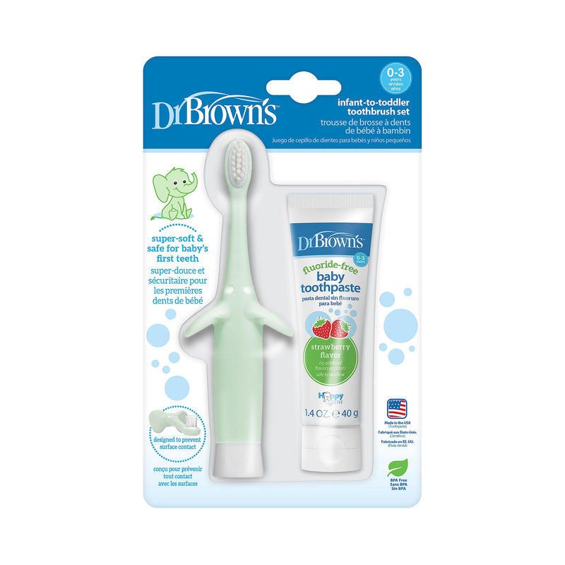 [Australia] - Dr. Brown's Infant-to-Toddler Training Toothbrush Set, Mint Elephant with Fluoride-Free Strawberry Baby Toothpaste, 0-3 Years 