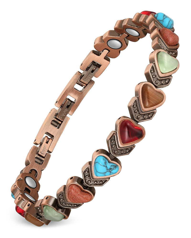 [Australia] - Feraco Pure Copper Bracelets for Women, Ultra Strength Magnetic Bracelet with 3800 Gauss Magnets & Natural Turquoise & Stones, Adjustable, Jewelry Gift Heart Bloom 