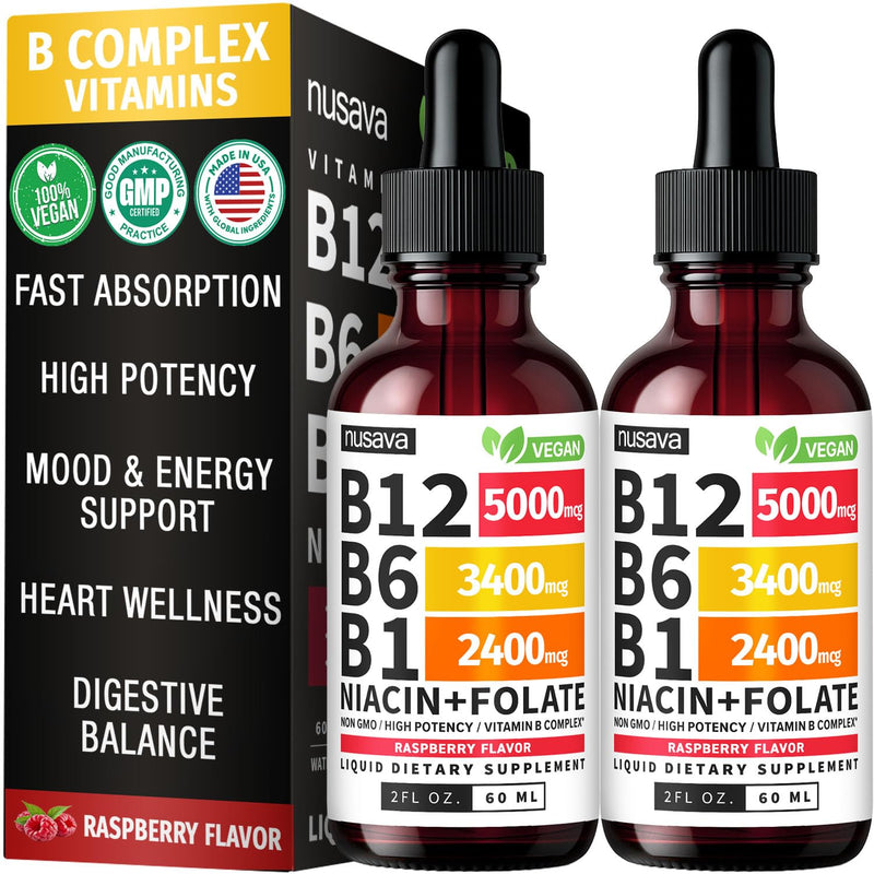 NUSAVA B12 Liquid Drops 5000mcg, Raspberry, Pack of 2 | Energy, Brain and Heart Support, Methylcobalamin B12 with B6, B1, Niacin and Folate, Sublingual Drops for Women and Men 2 Fl Oz (Pack of 2)