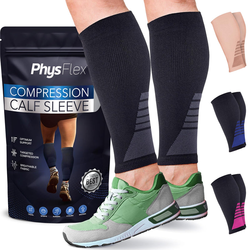 [Australia] - Calf Compression Sleeves for Men and Women - (1 Pair) Footless Compression Socks Support for Varicose Vein, Nursing, Pregnancy, Running - PhysFlex Leg Sleeve Brace for Shin Splints, Pain Relief and Reduces Swelling (Black, Medium) Black 