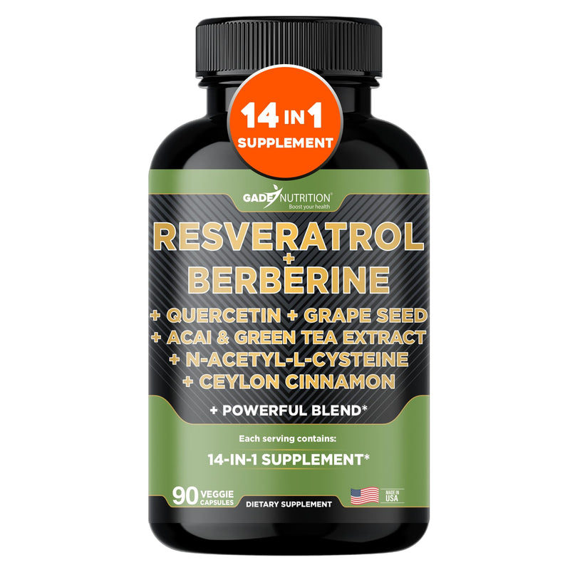 [Australia] - Gade Nutrition Resveratrol Berberine Quercetin Grape Seed Extract Green Tea Extract N-Acetyl Cysteine - 14 in 1 Complex Supplement for Women & Men with Potent Antioxidants - Made in USA 
