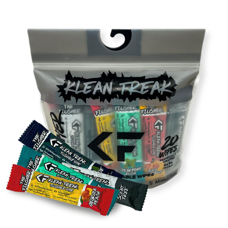 [Australia] - THE KLEAN FREAK FLUSHER - Flushable Wipes For Adults & Kids - 100% BIODEGRADABLE Individual Wrapped Travel WET Wipe for Toilet - Soothing Aloe & Witch Hazel - Alcohol Free 20 Pack - Mixed 
