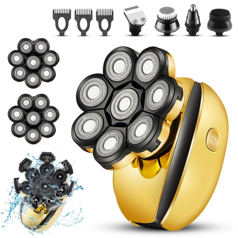 [Australia] - ROZIAPRO Head Shavers for Bald Men Rechargeable Electric Shavers for Men Cordless Electric Razor Waterproof 8D Head Hair Shaver Multifunctional Rotary Shaver Grooming Kit Gold-03 