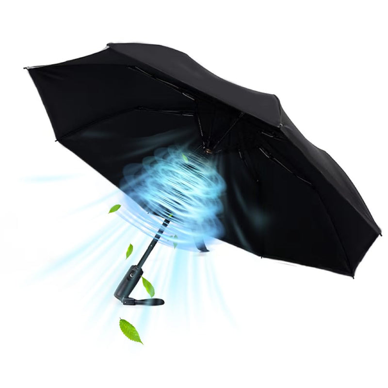WOOLALA Newly UV Sun Umbrella with Fan, Portable Cooling UPF 50+ Foldable | USB Rechargeable Travel Umbrellas for Watching Games, Playground, Heatstroke, Hot or Rain Days in Black