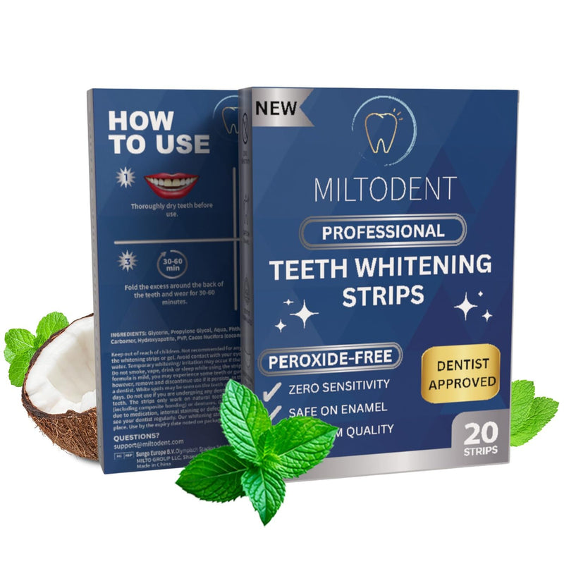 [Australia] - MILTODENT Teeth Whitening Strips | Dentist Formulated | Peroxide Free Whitening Strips for Sensitive Teeth | Enamel Safe | Mint, Coconut (20 Count) 20 Count (Pack of 1) 