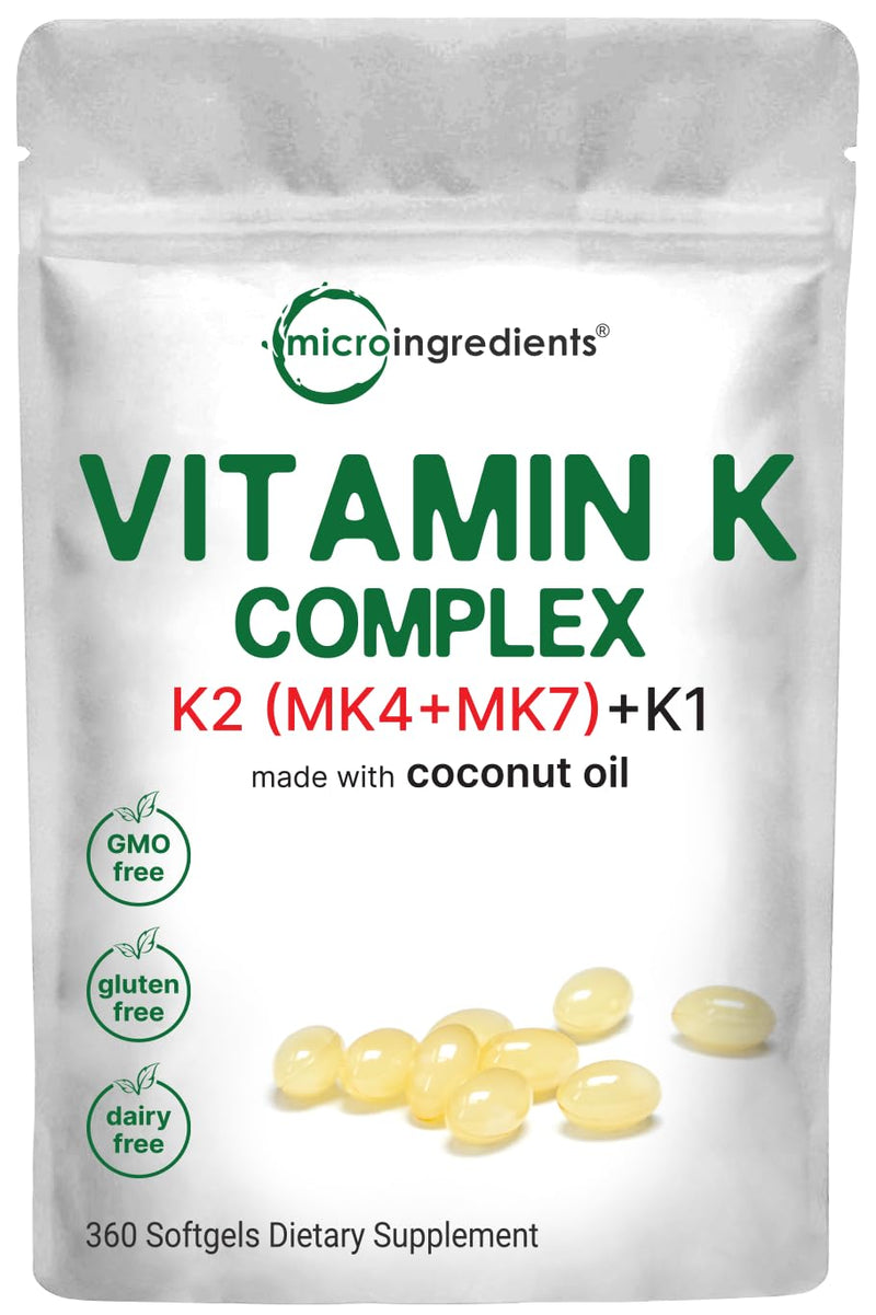 Super Vitamin K Complex (K2 MK7 + MK4 & K1), 360 Coconut Oil Softgles | Easily Absorbed K Vitamins, Active Menaquinone Complex | Non-GMO