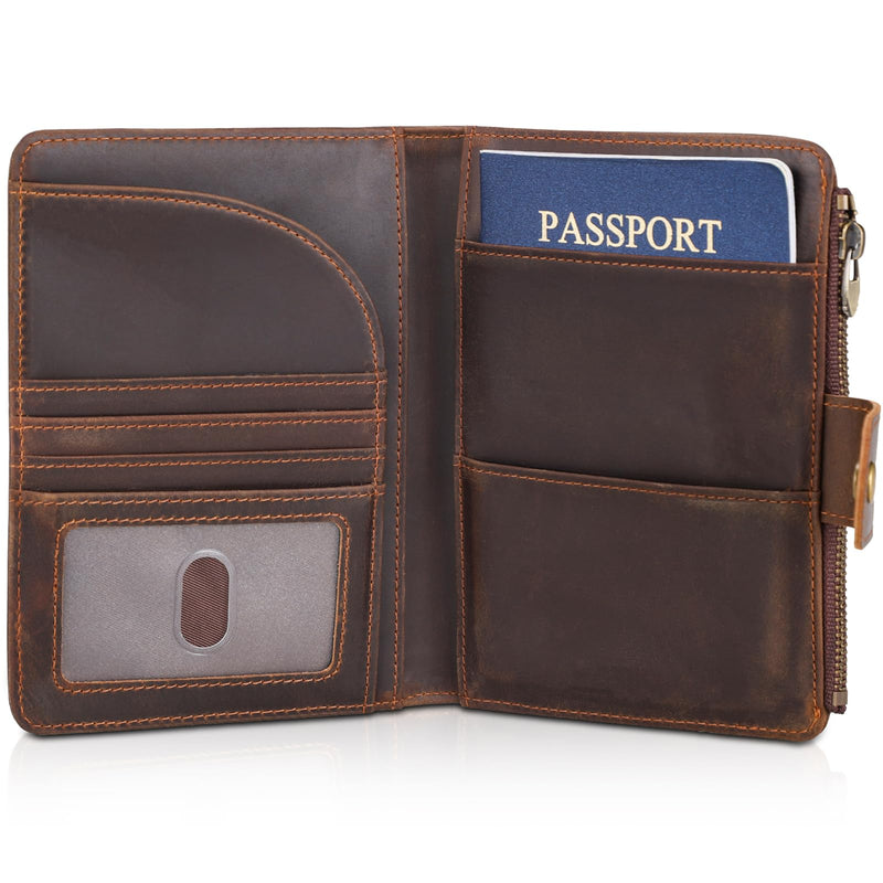 Polare Leather Passport Holder RFID Blocking Travel Bifold Wallet | Snap Closure, Full Grain Cowhide Leather, Fits 2 Passports, Slim Wallet, Travel Essentials, Zip Coin Pocket, Dark Brown Dark Brown with Zipper Pocket