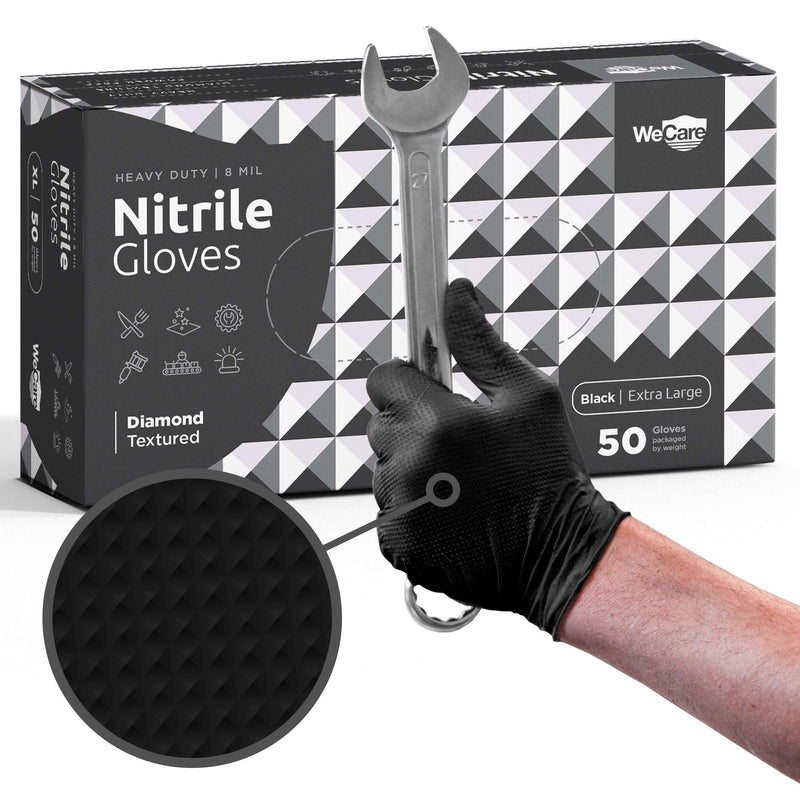 [Australia] - WECARE 8 Mil Nitrile Gloves - Heavy Duty Mechanic Gloves, with Diamond Grip - Powder and Latex Free Disposable Gloves Large 50 